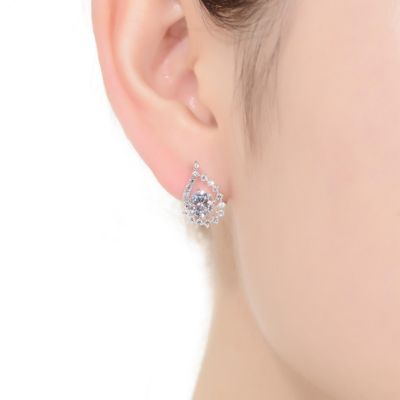 Sterling Silver with White Gold Rhodium Plated Clear Round Cubic Zirconia Pear Shape Earrings