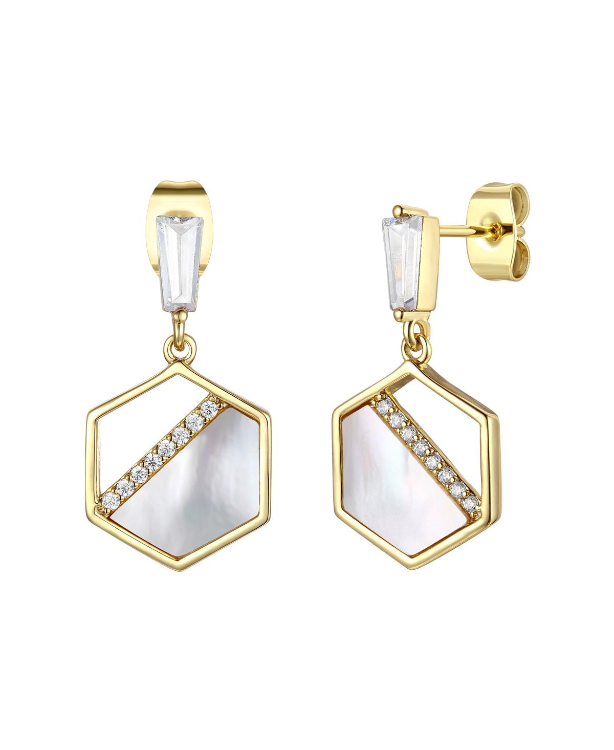 Sterling Silver 14k Gold Plated with Mother of Pearl & Cubic Zirconia Hexagon Dangle Earrings - Gold