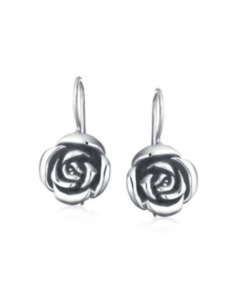 Rose Flower Drop Earrings French Wire Black Oxidized Sterling Silver