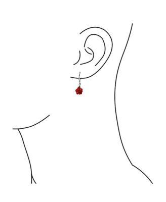 Delicate Floral Blooming 3D Red Rose Flower Green CZ Accent Lever back Dangle Earrings Sterling Silver