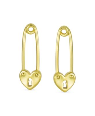 Love Lock Heart Safety Pin Dangle Earrings Gold Plated Sterling Silver