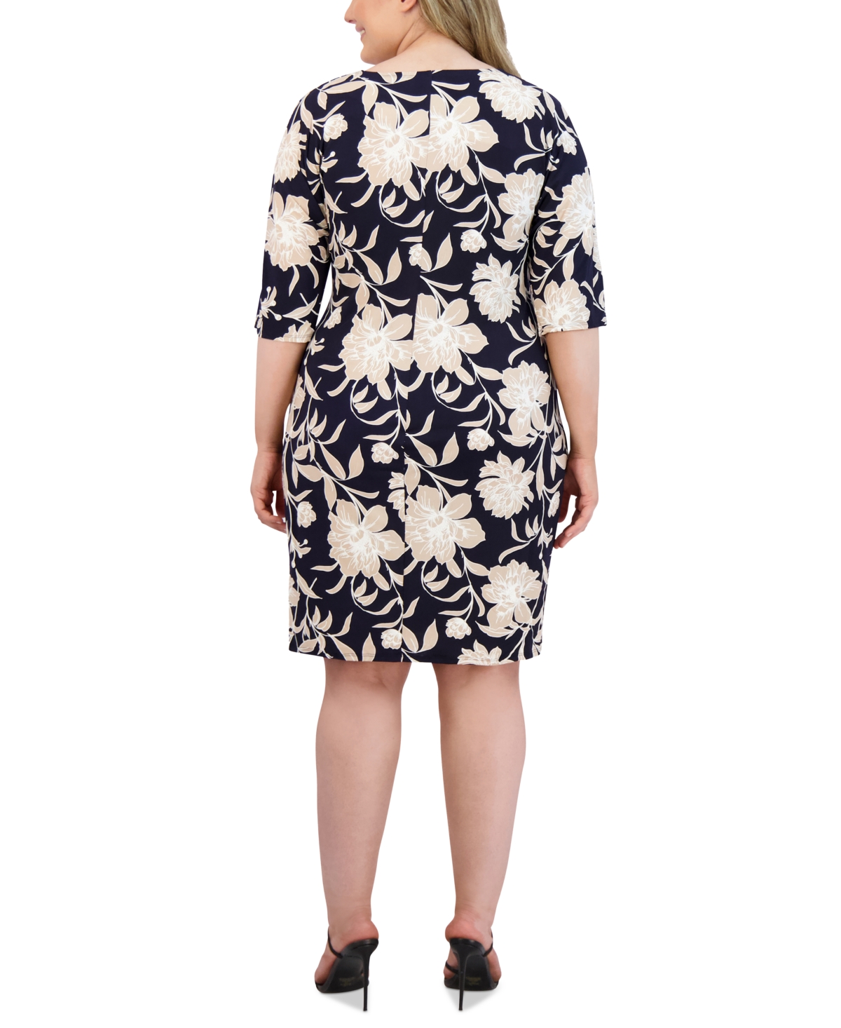 Shop Robbie Bee Plus Size Floral Print Tied A-line Dress In Navy