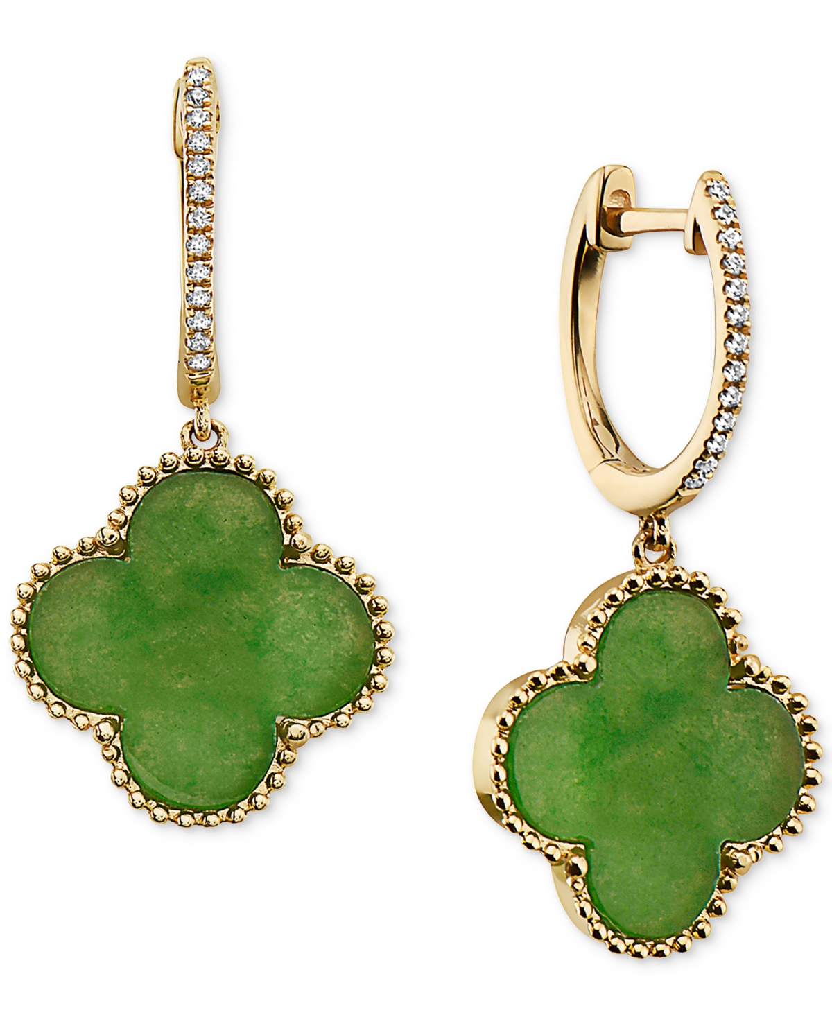 Effy Collection Effy Dyed Jade & Diamond (1/20 Ct. T.w.) Beaded Clover Dangle Hoop Drop Earrings In 14k Gold In Yellow Gold