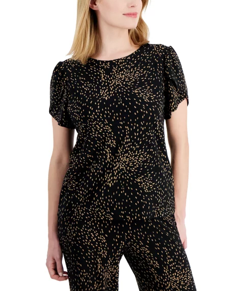 AK Anne Klein Petite Crewneck Short-Sleeve Printed Top - Anne Black/vicuna