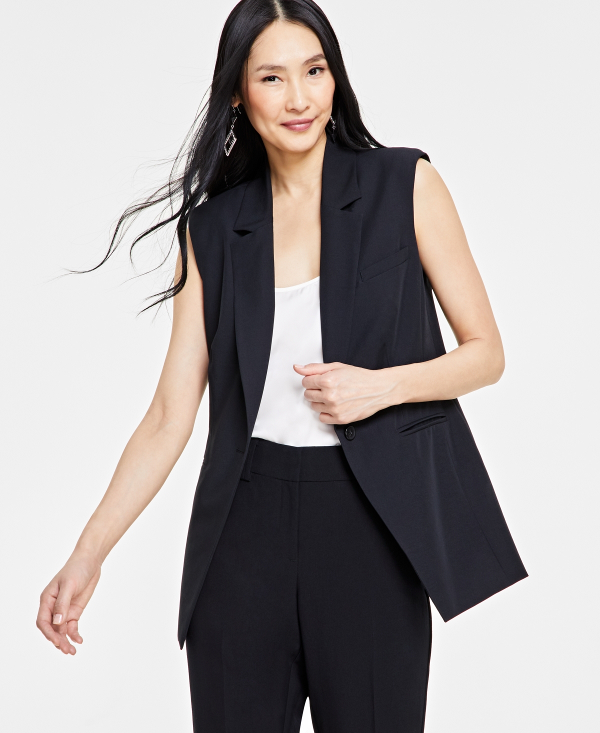 Petite One-Button Sleeveless Blazer, Created for Macy's - Bright Whi