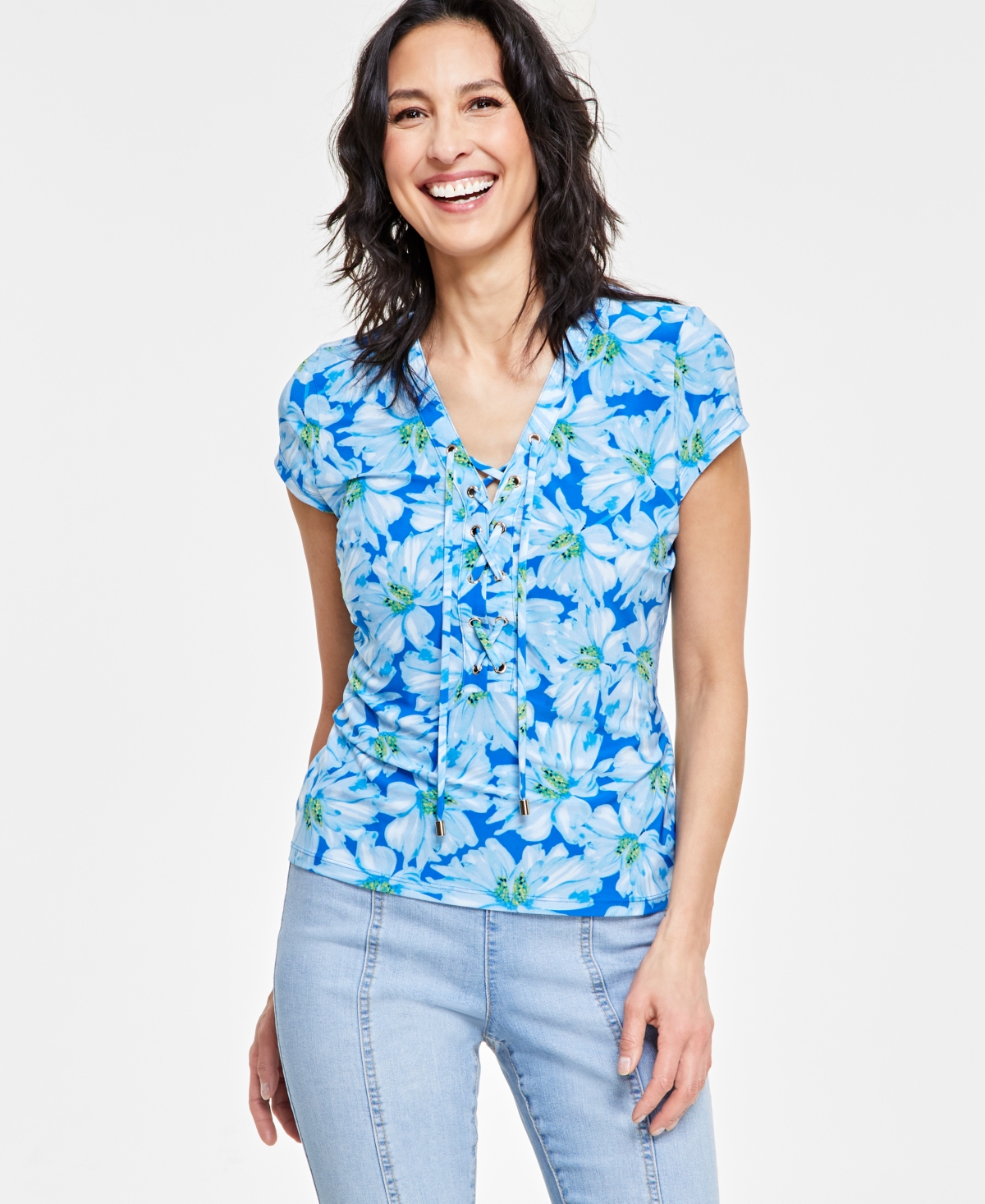 Women's Printed Lace-Up Front Top, Created for Macy's - Keeley Blooms A