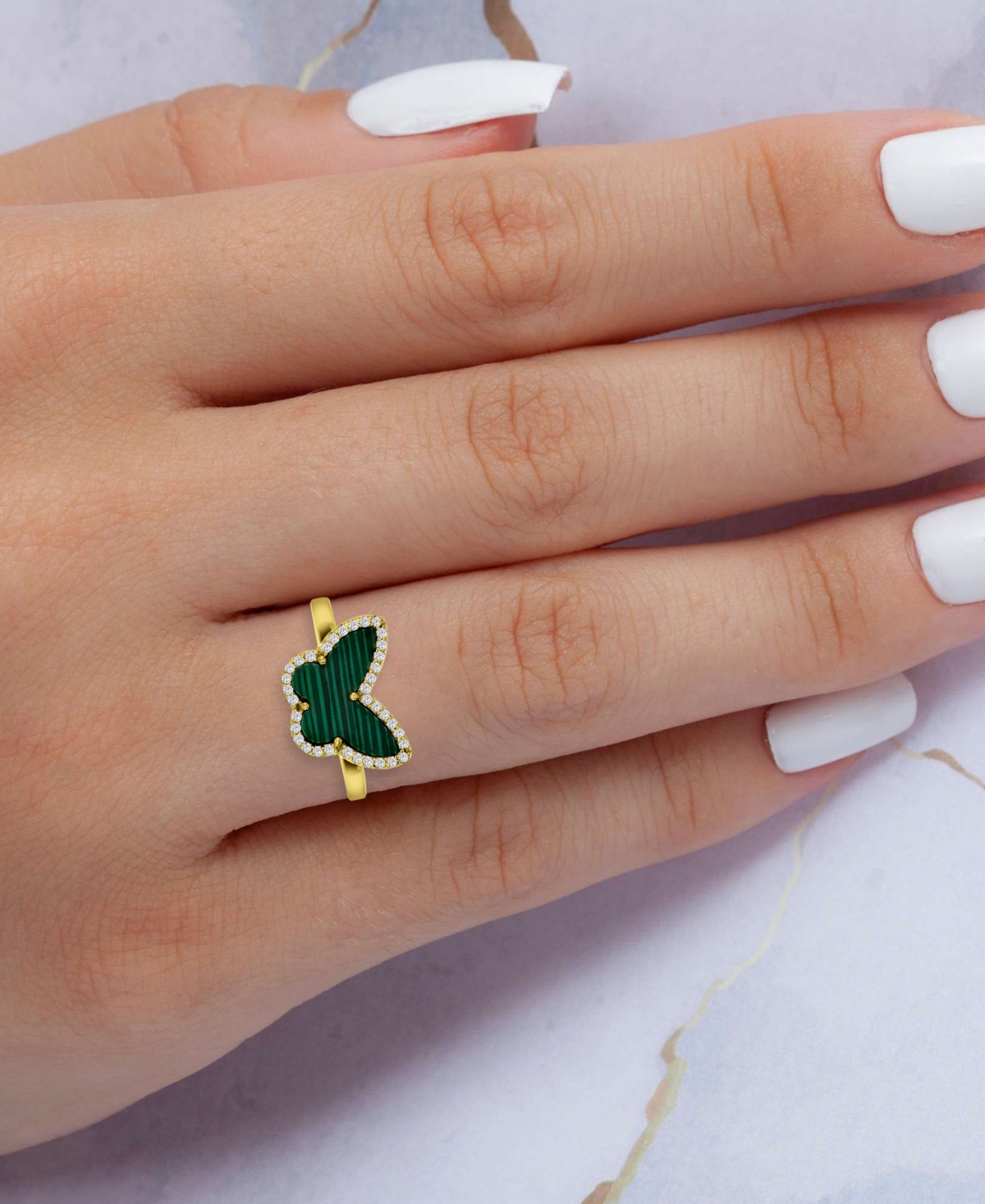 & Cubic Zirconia Butterfly Halo Ring in 14k Gold-Plated Sterling Silver - Malachite