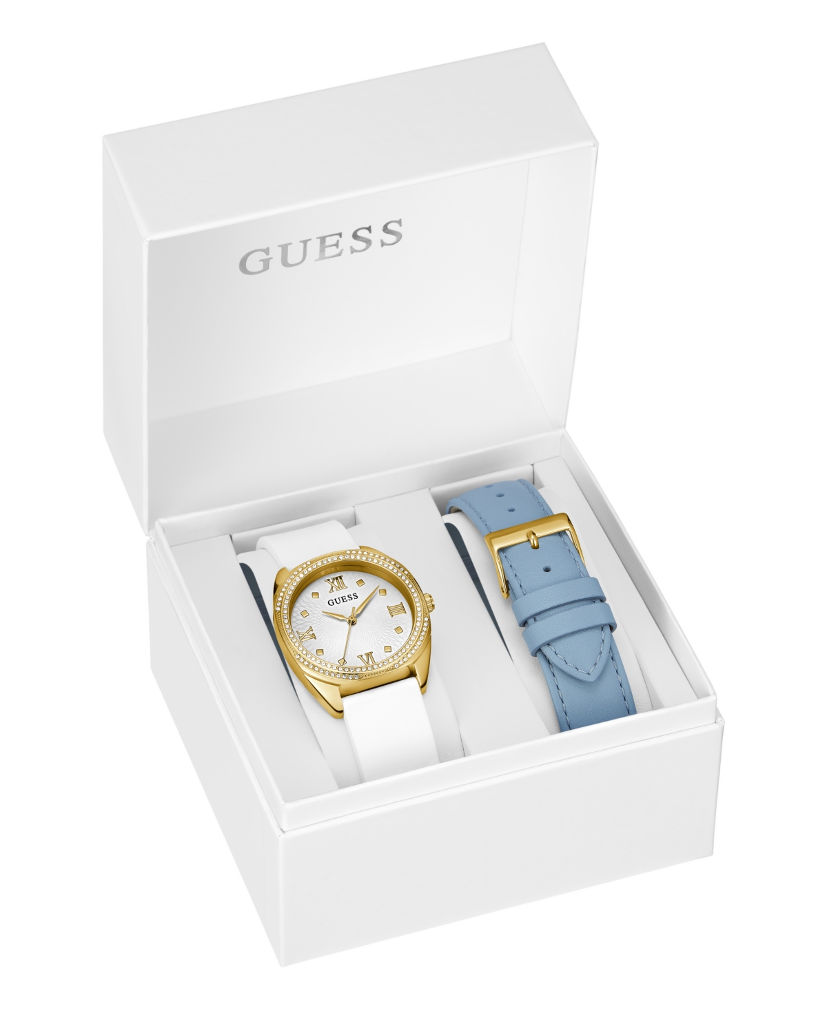 Shop Guess Women's Analog White Silicone And Blue Genuine Leather Watch Set 34mm