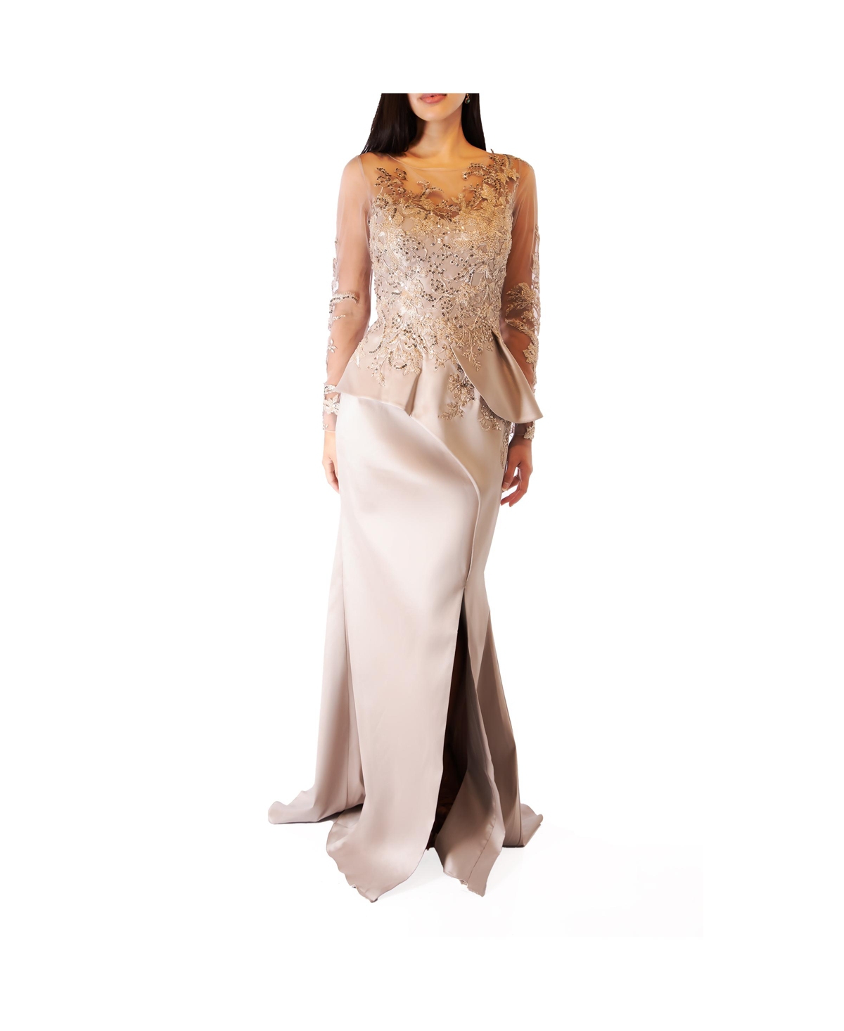 Embroidered Illusion Neck Long Sleeves Mermaid Gown - Taupe