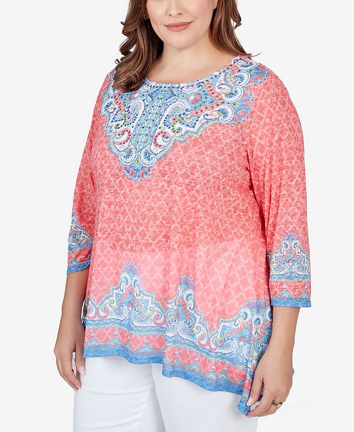 Ruby Rd. Plus Size Embellished Guava Border Print Sublimation Top - Macy's