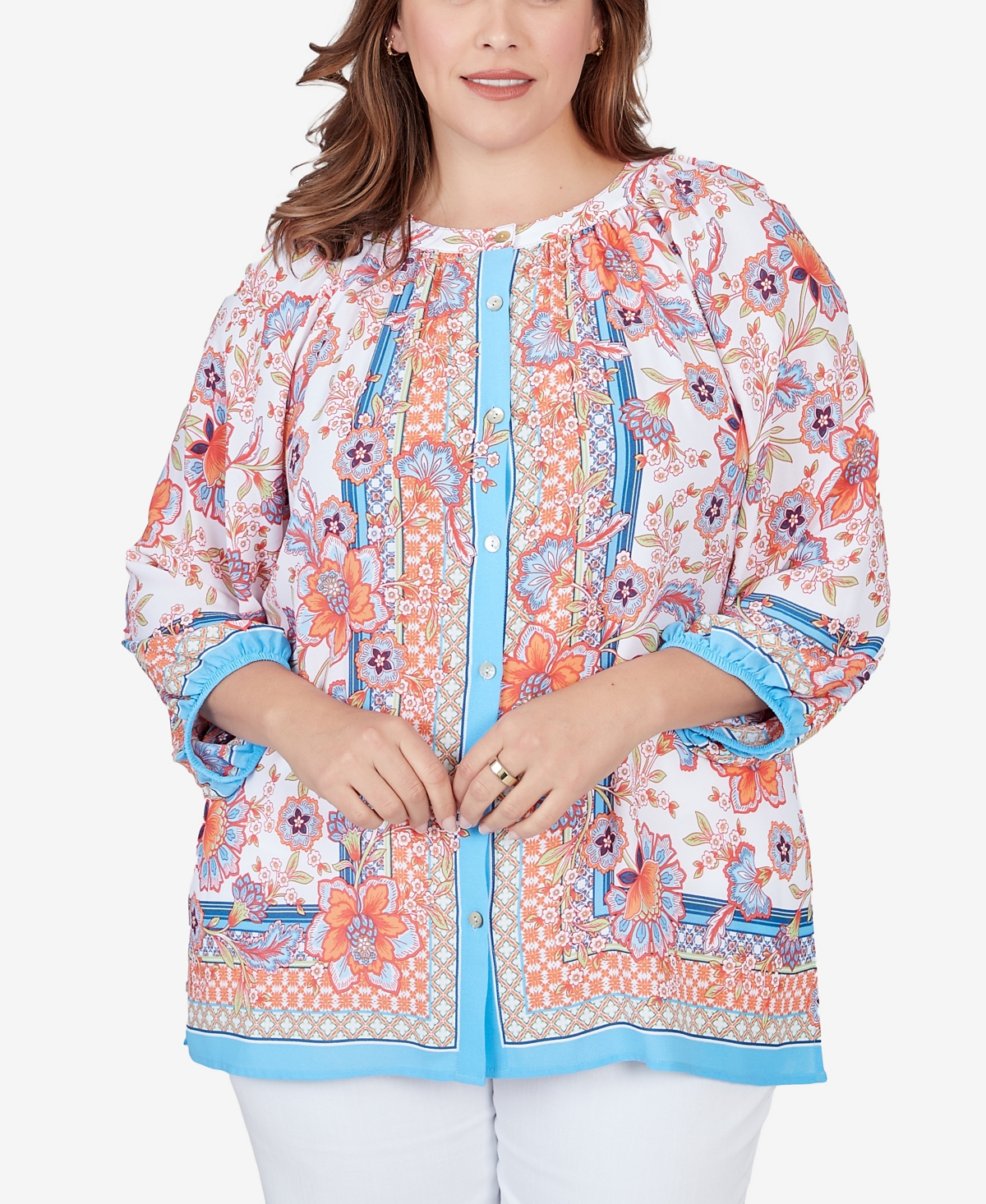 Ruby Rd. Plus Size Button Front Floral Printed Crepe Georgette Blouse In Capri Blue Multi
