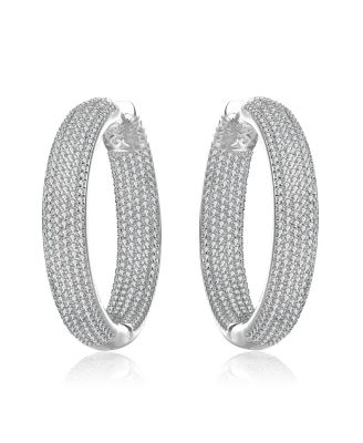 Sterling Silver with Cubic Zirconia 10-Row French Pave Inside Out Large Tubular Hoop Earrings