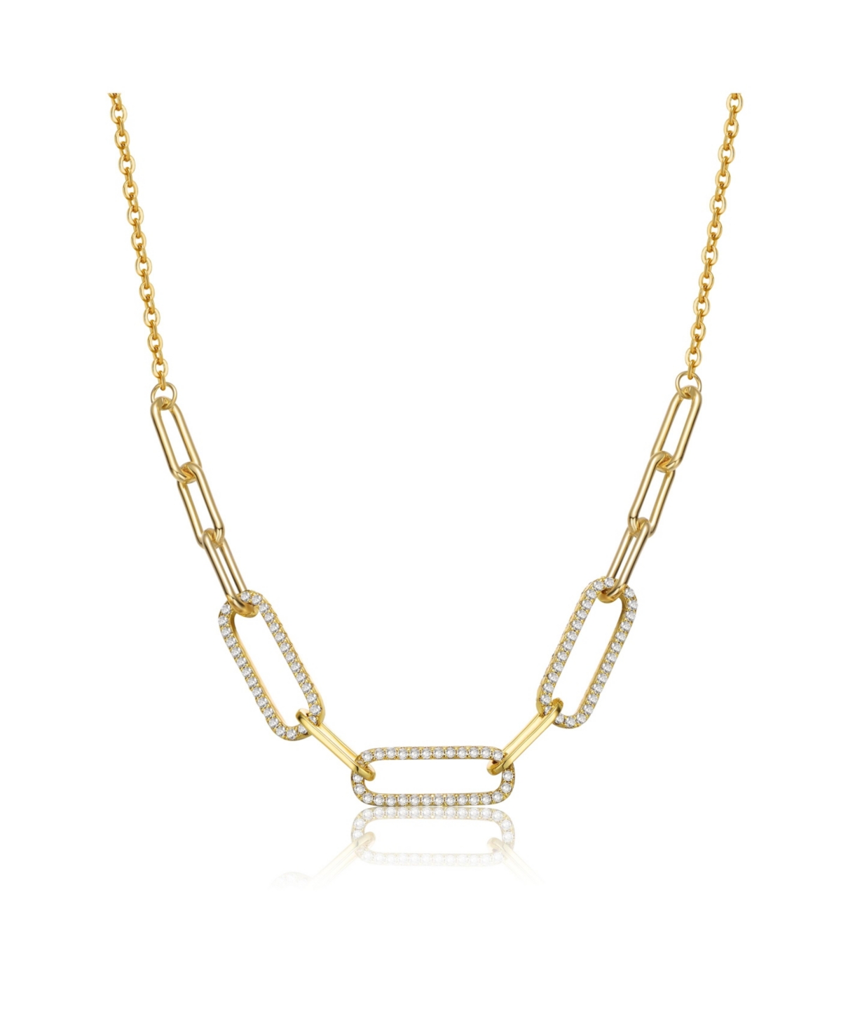 Sterling Silver 14k Yellow Gold Plated with Cubic Zirconia Elongated Cable Link Chain Necklace - Gold