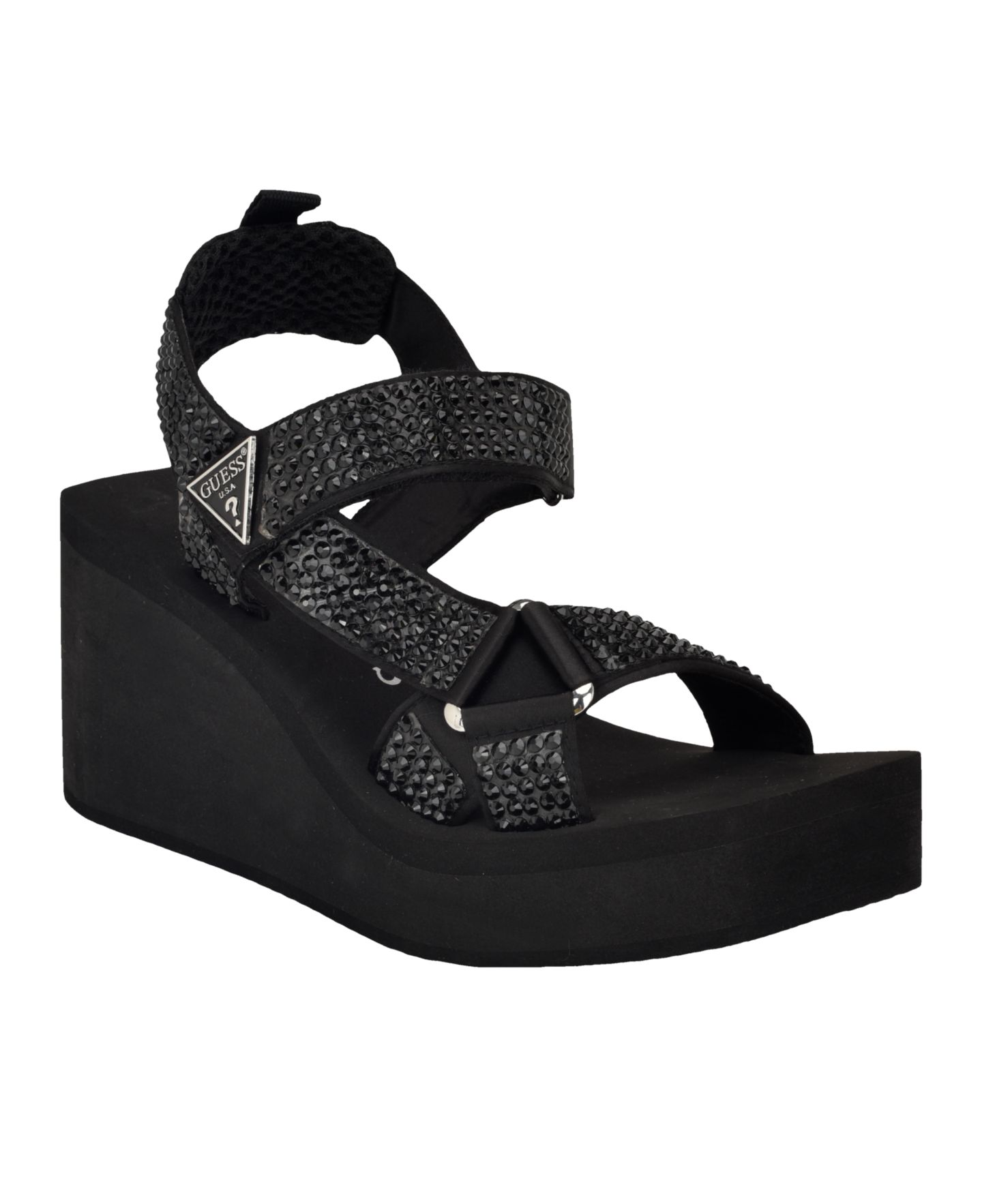 Женские сандалии GUESS Dawsin Rhinestone Eva Strappy Wedge, цвет: Чёрный — фото 1
