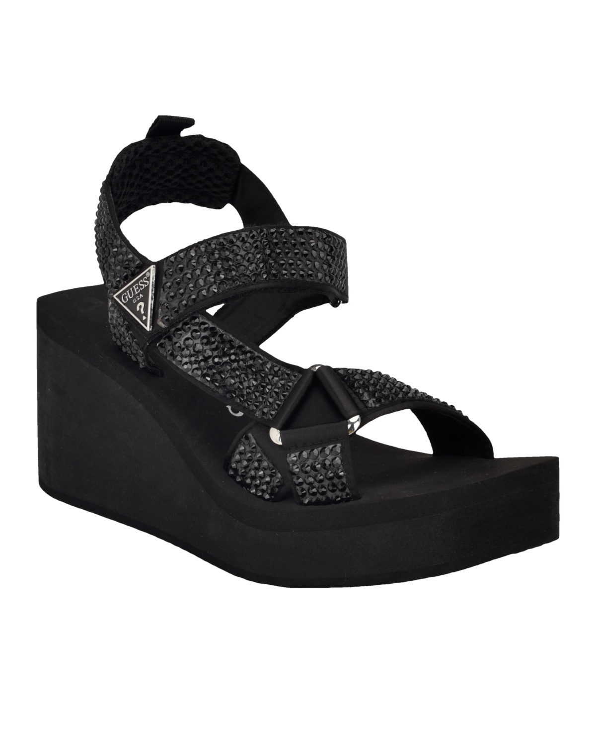 Shop Guess Women's Dawsin Rhinestone Eva Strappy Wedge Sandals In Black
