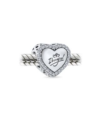 Valentine Words "I LOVE YOU" Crystal Accent Edge Love Heart Shape Charm Bead Oxidized Sterling Silver Fits European Bracelet
