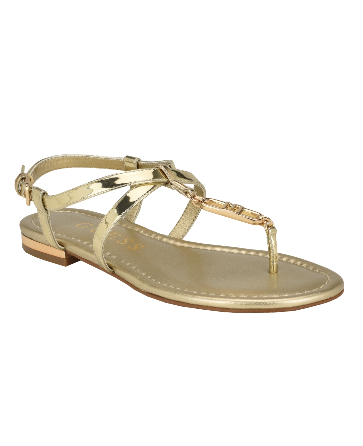 Shop Guess Women's Meaa Open Toe Metal Ornament T- Strap Flat Sandals In Gold - Manmade