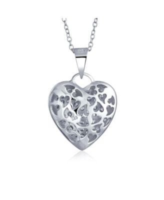 Elegant Large Pave Cubic Zirconia CZ Puff Heart Shape Pendant Necklace Sterling Silver Filigree Back