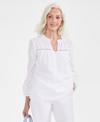 売れ筋商品|||スタイルアンドコー カットソー トップス レディース Women's Eyelet Split-Neck Blouse, Exclusively at Macy's Bright White Combo 27024809_fpx.tif?$filterlrg$&