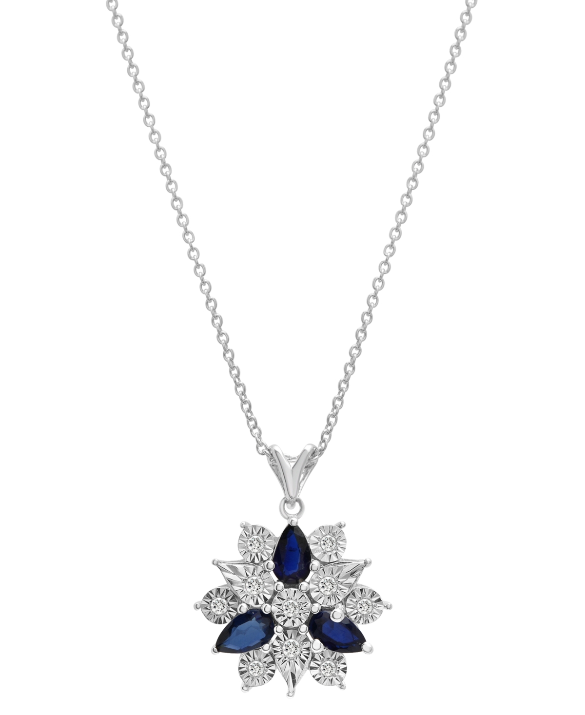 Macy's Lab-grown Blue Sapphire (7/8 Ct. T.w.) & Diamond (1/10 Ct. T.w.) Flower 18" Pendant Necklace In Ster