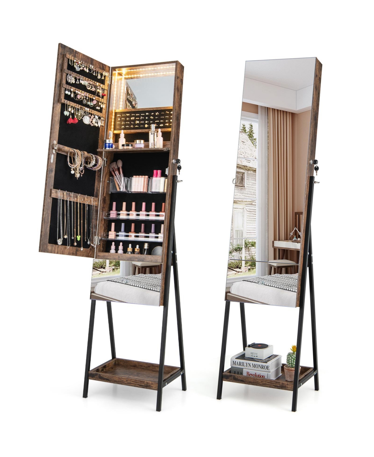 Lockable Freestanding Jewelry Organizer with Full-Length Frameless Mirror-Rustic Brown - Brown Overflow