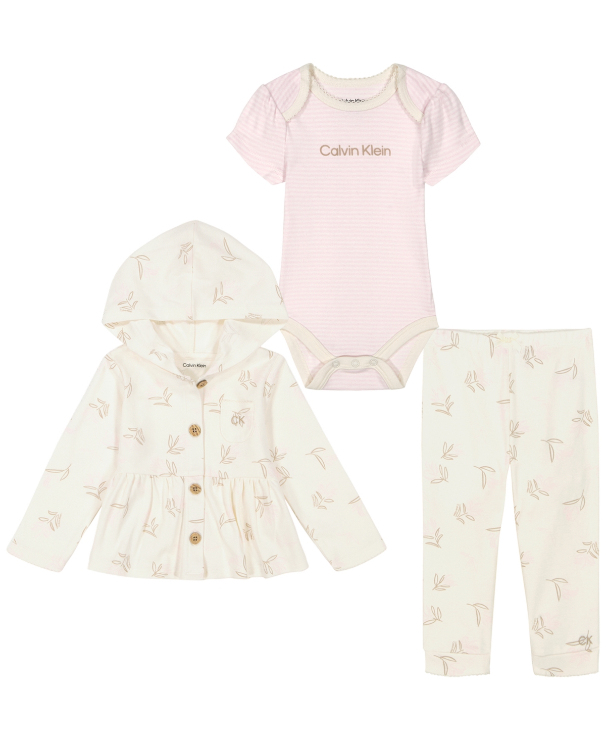 Calvin Klein Baby Girls Floral Sketch Interlock Cardigan And Joggers, 3 Piece Set In Cream,pink
