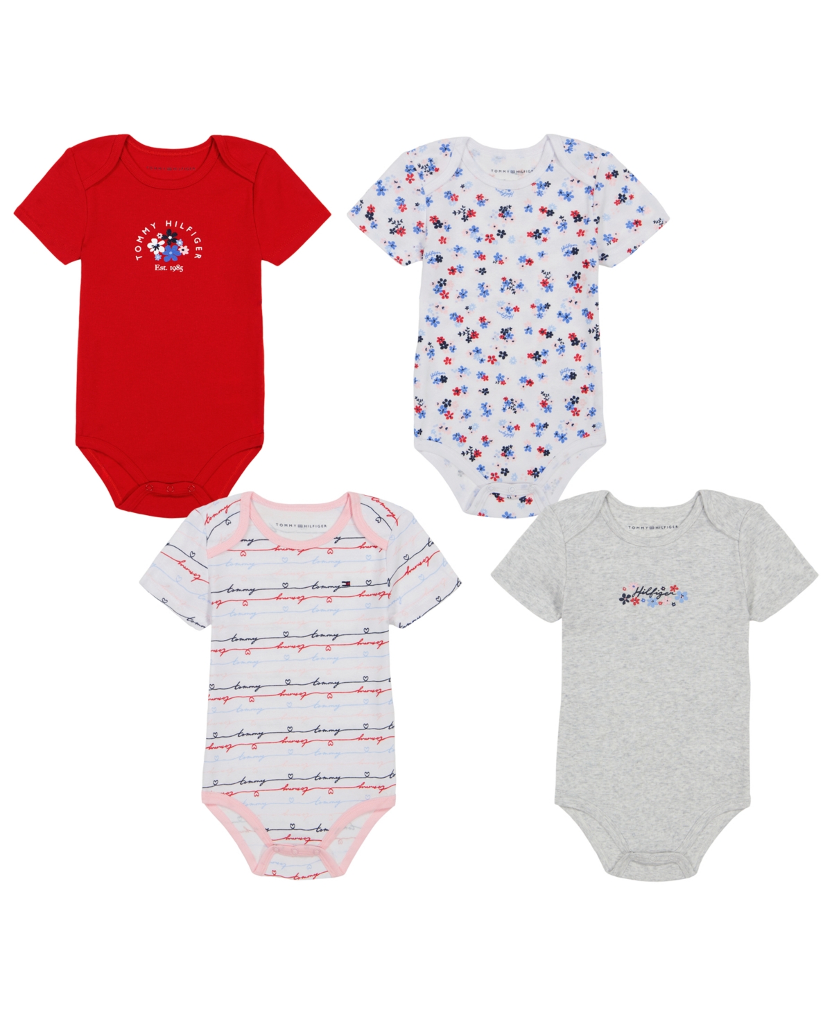 Tommy Hilfiger Baby Girls Short Sleeve Floral-logo Bodysuits, Pack Of 4 In Red,gray,multi