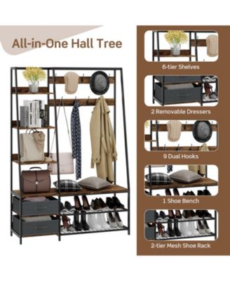 6-in-1 Freestanding Hall Tree Coat Rack with Bench and Fabric Dressers