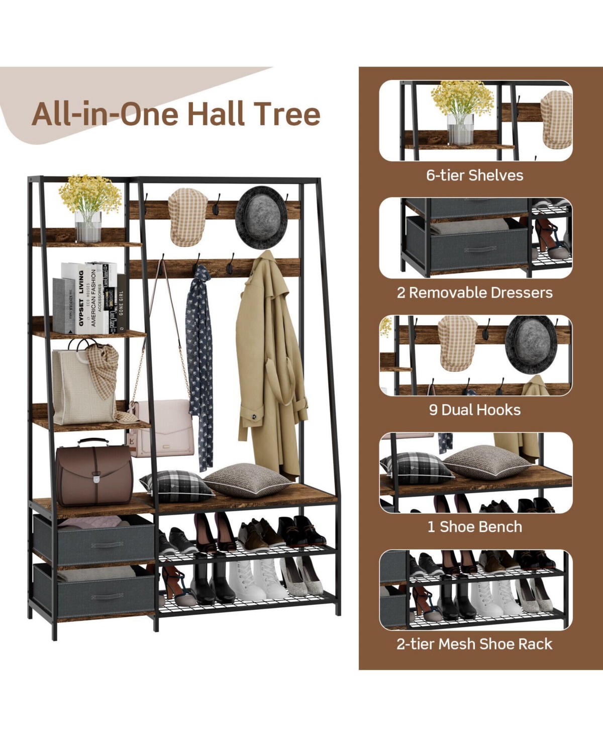 Sugift 6-in-1 Freestanding Hall Tree Coat Rack with Bench and Fabric Dressers