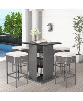 5 Pieces Outdoor Wicker Bar Table Set with Hidden Storage Shelves