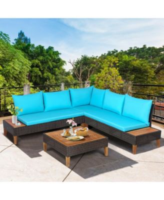4 Pieces Patio Cushioned Rattan Furniture Set with Wooden Side Table