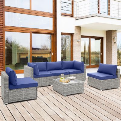 6 Piece Patio Conversation Sofa Set with Tempered Glass Coffee Table