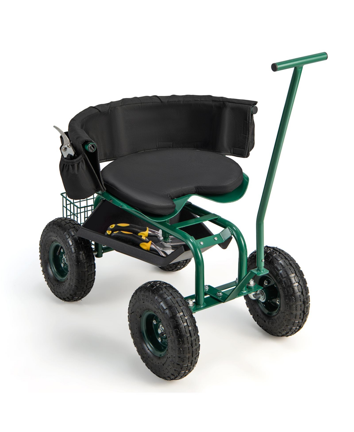 Rolling Garden Cart with Height Adjustable Swivel Seat and Storage Basket-Green - Green