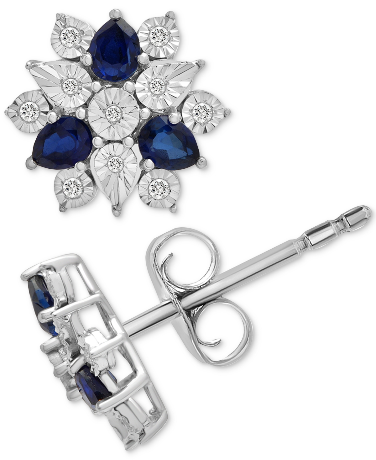 Macy's Lab-grown Sapphire (1-1/3 Ct. T.w.) & Diamond (1/10 Ct. T.w.) Flower Cluster Stud Earrings In Sterli