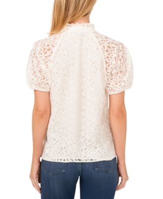 Women's Floral Lace Puff Sleeve Split Neck Top