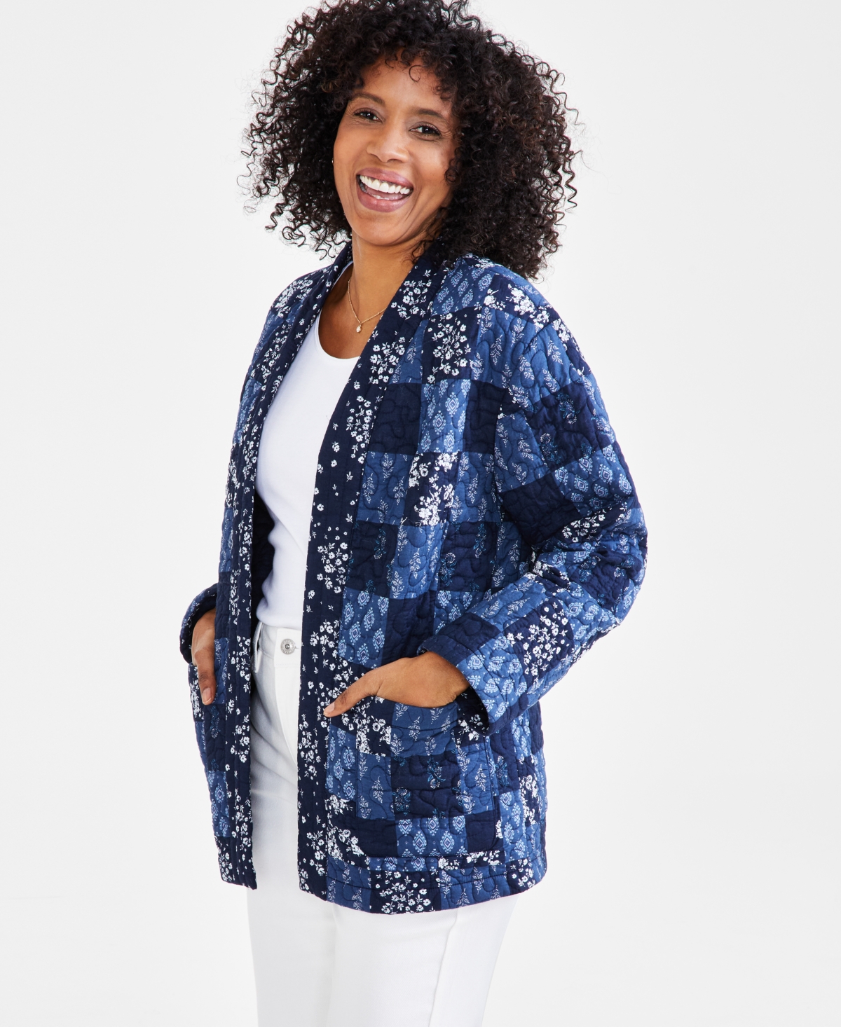 Shop Style & Co Women's Patchwork Quilted Open-front Jacket, Created For Macy's In Blue Patchwork