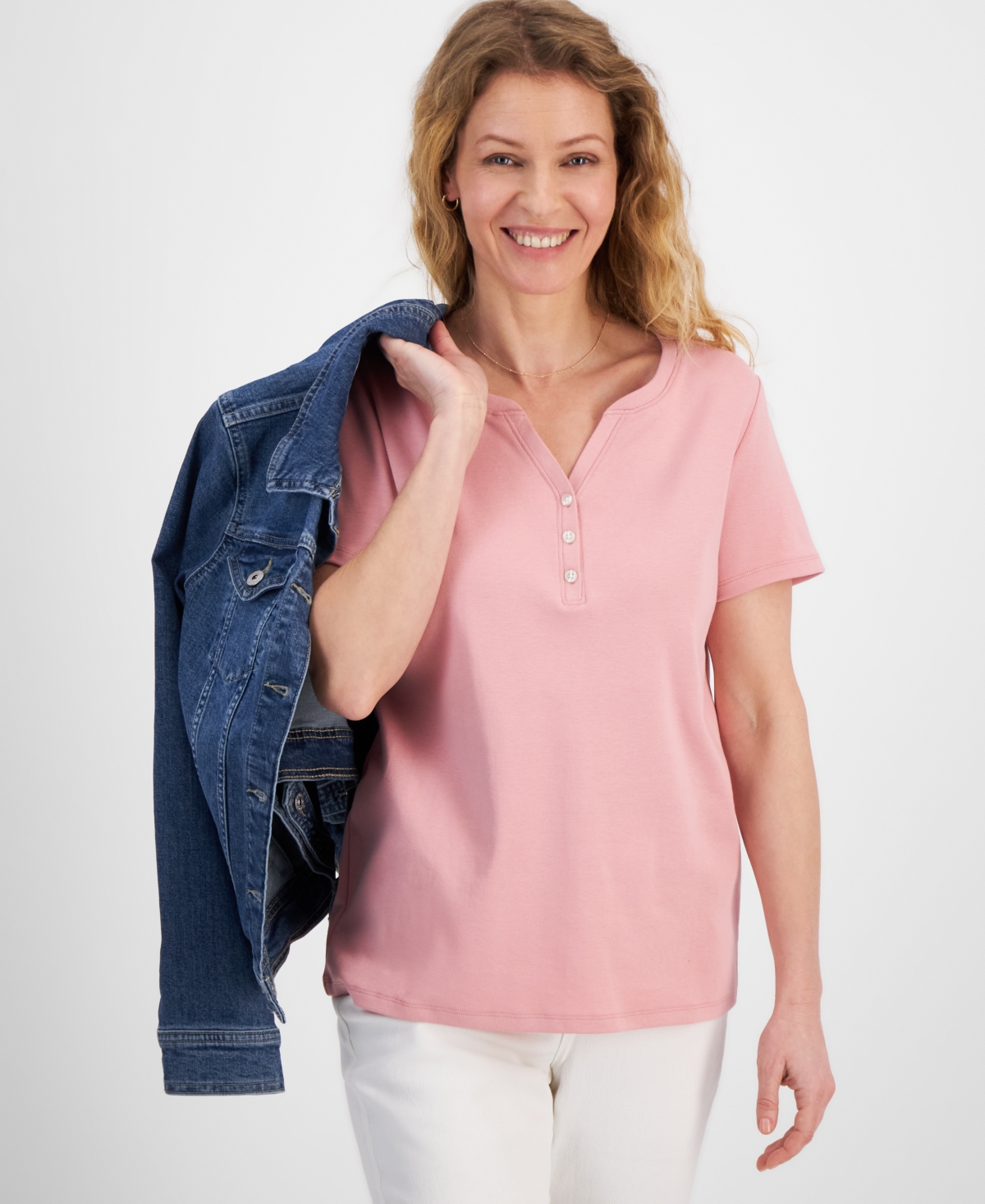 Style & Co Petite Cotton Henley Short-sleeve T-shirt, Created For Macy's In Fresh Carnation