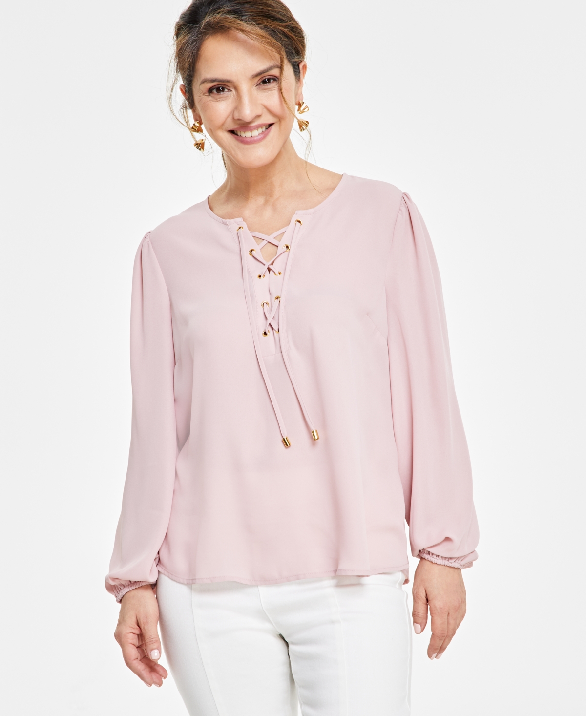 Inc International Concepts Petite Lace-up Blouse, Created For Macy's In Pale Mauve