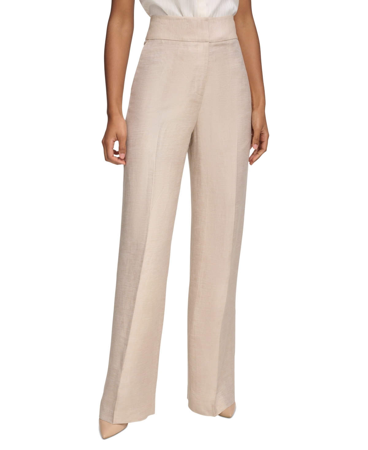 Calvin Klein Women's Linen Wide-leg Pants In Khaki,white