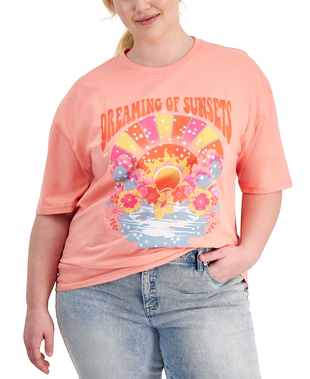 Trendy Plus Size Sunset Dreams Graphic Boyfriend T-Shirt - Calypso Coral