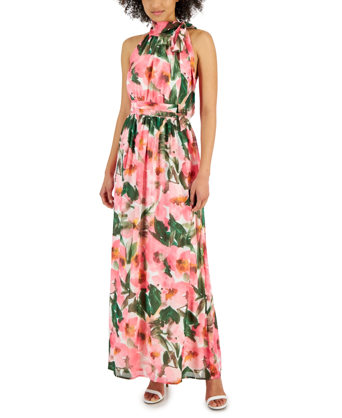 Shop Anne Klein Women's Floral-print Halter Maxi Dress In Camellia M
