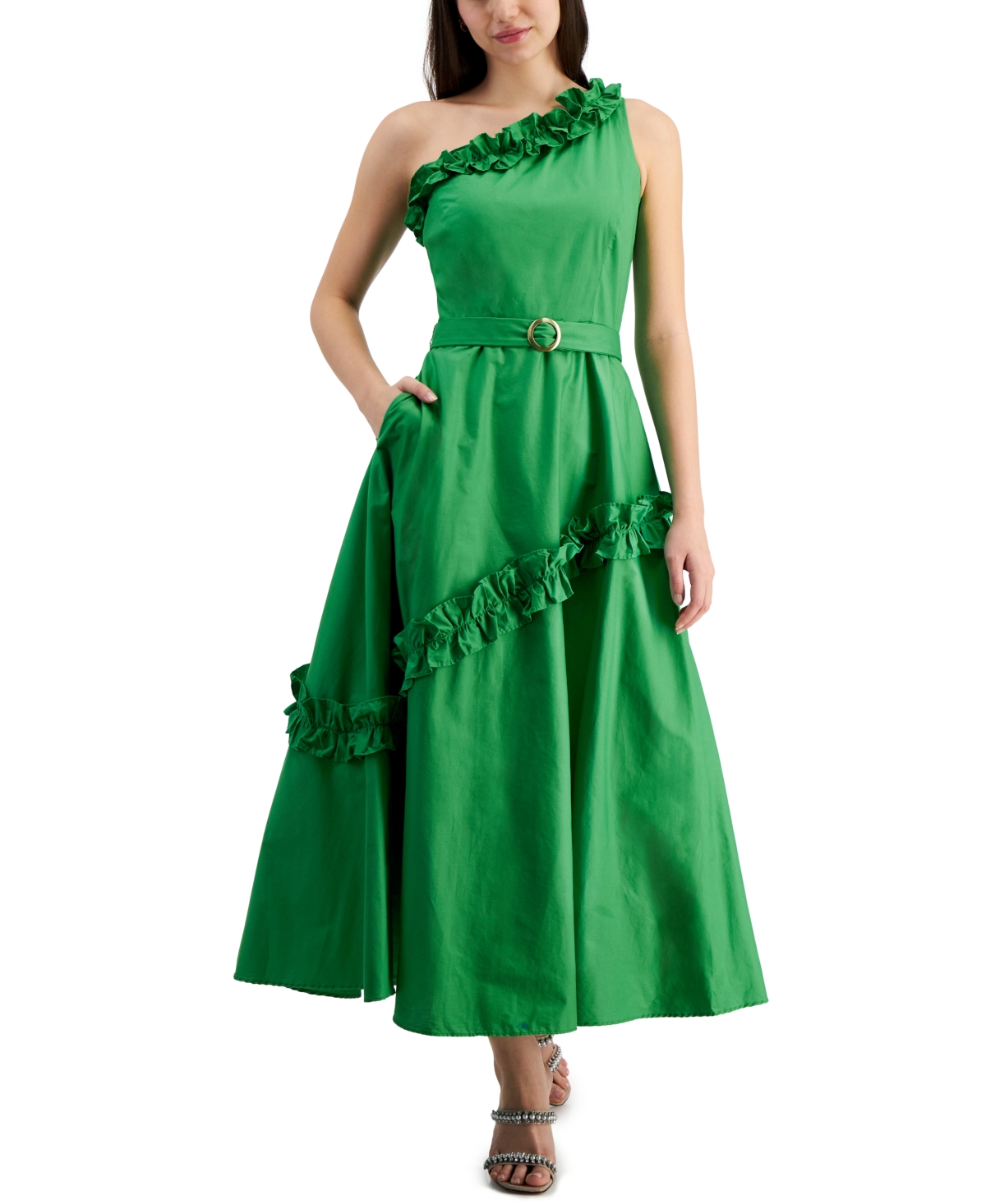 Taylor Women's Ruffled A-line One-shoulder Dress In Green Abolone