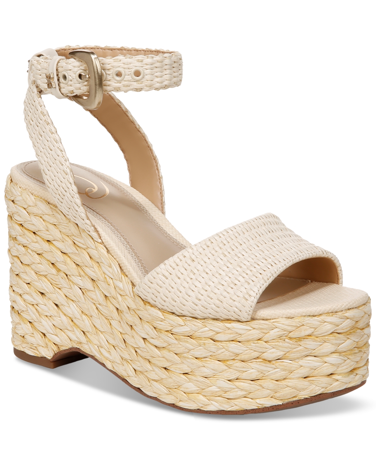 Shop Sam Edelman Women's April Ankle-strap Raffia-wedge Sandals In Linen