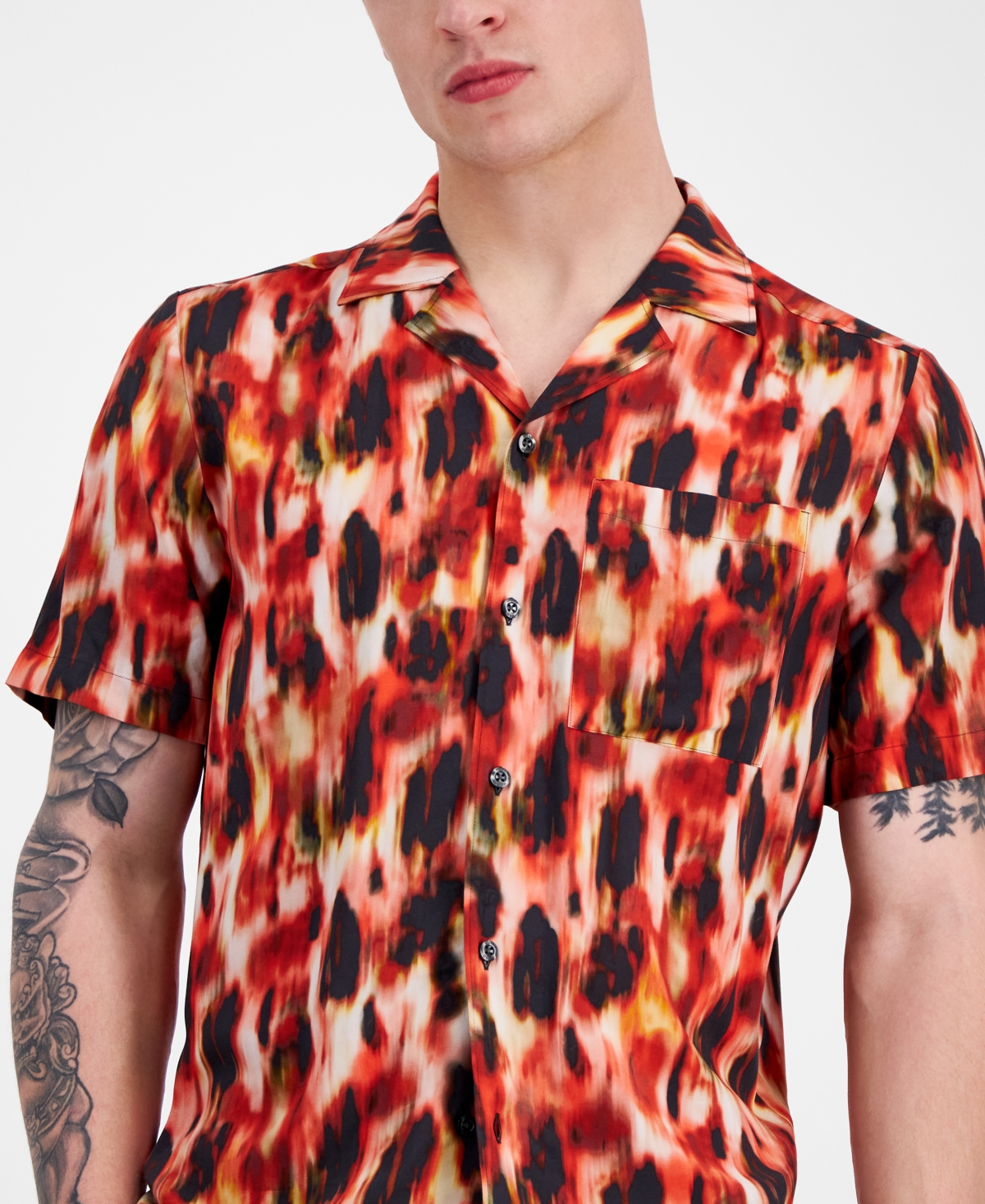 Shop Hugo Boss Men's Relaxed-fit Short Sleeve Abstract Print Button-front Shirt In Red