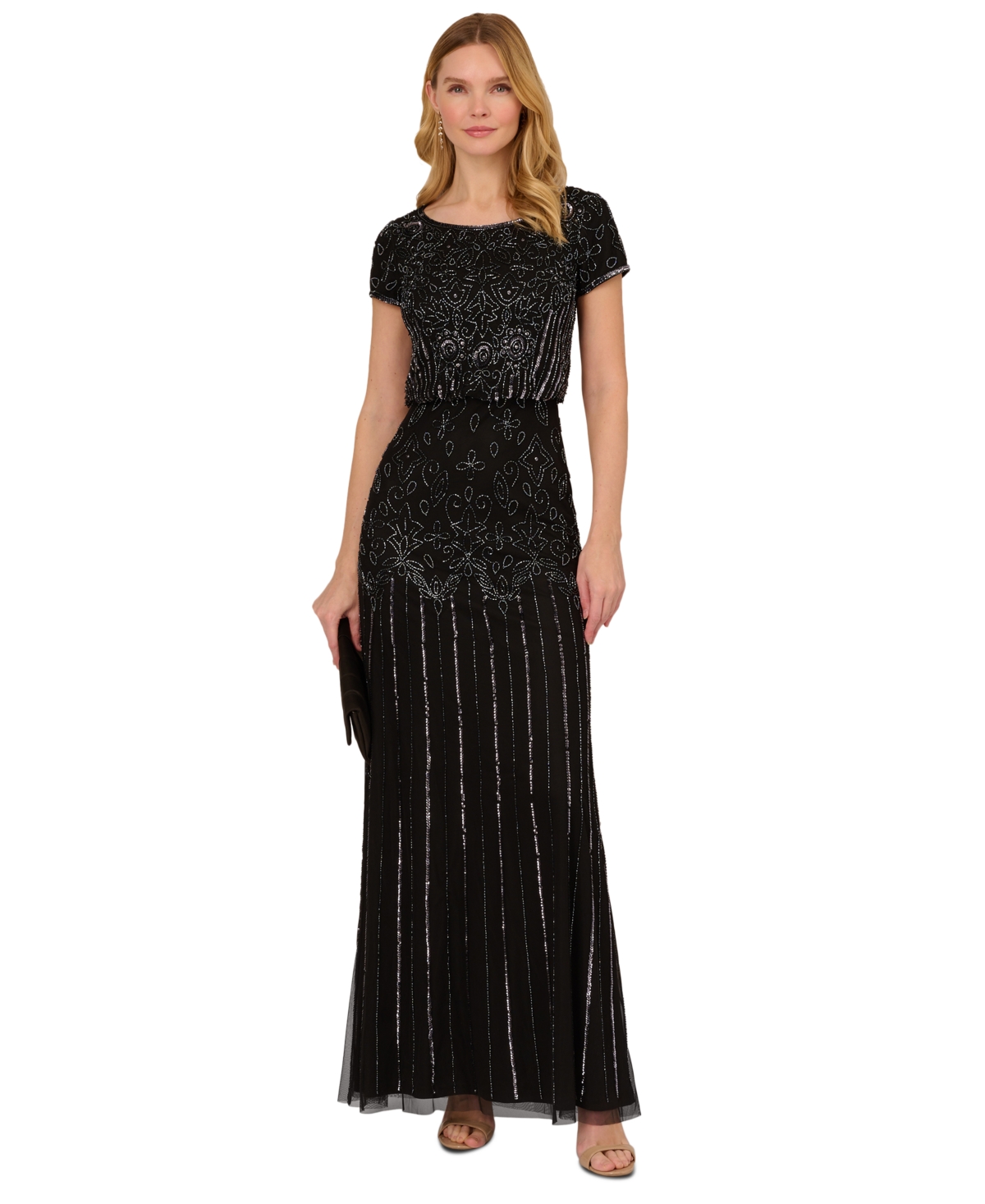 Shop Adrianna Papell Women's Beaded Short-sleeve Sheer-overlay Gown In Black Gunmetal