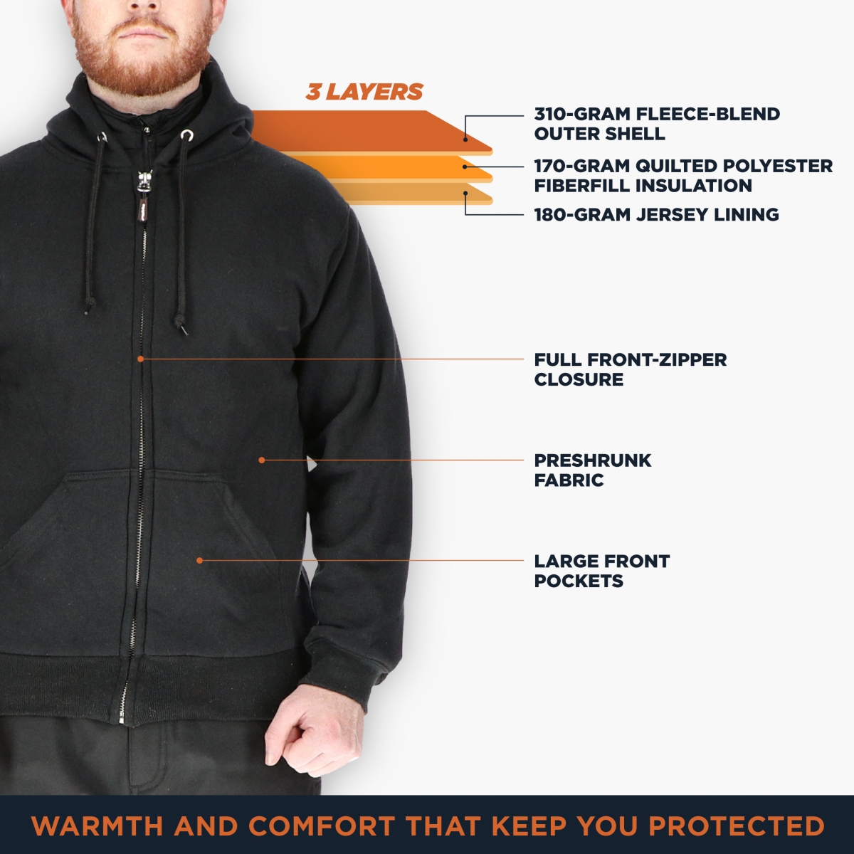 RefrigiWear Big & Tall Insulated Full Zip Sweatshirt - Pre-Shrunk, Large Pockets
