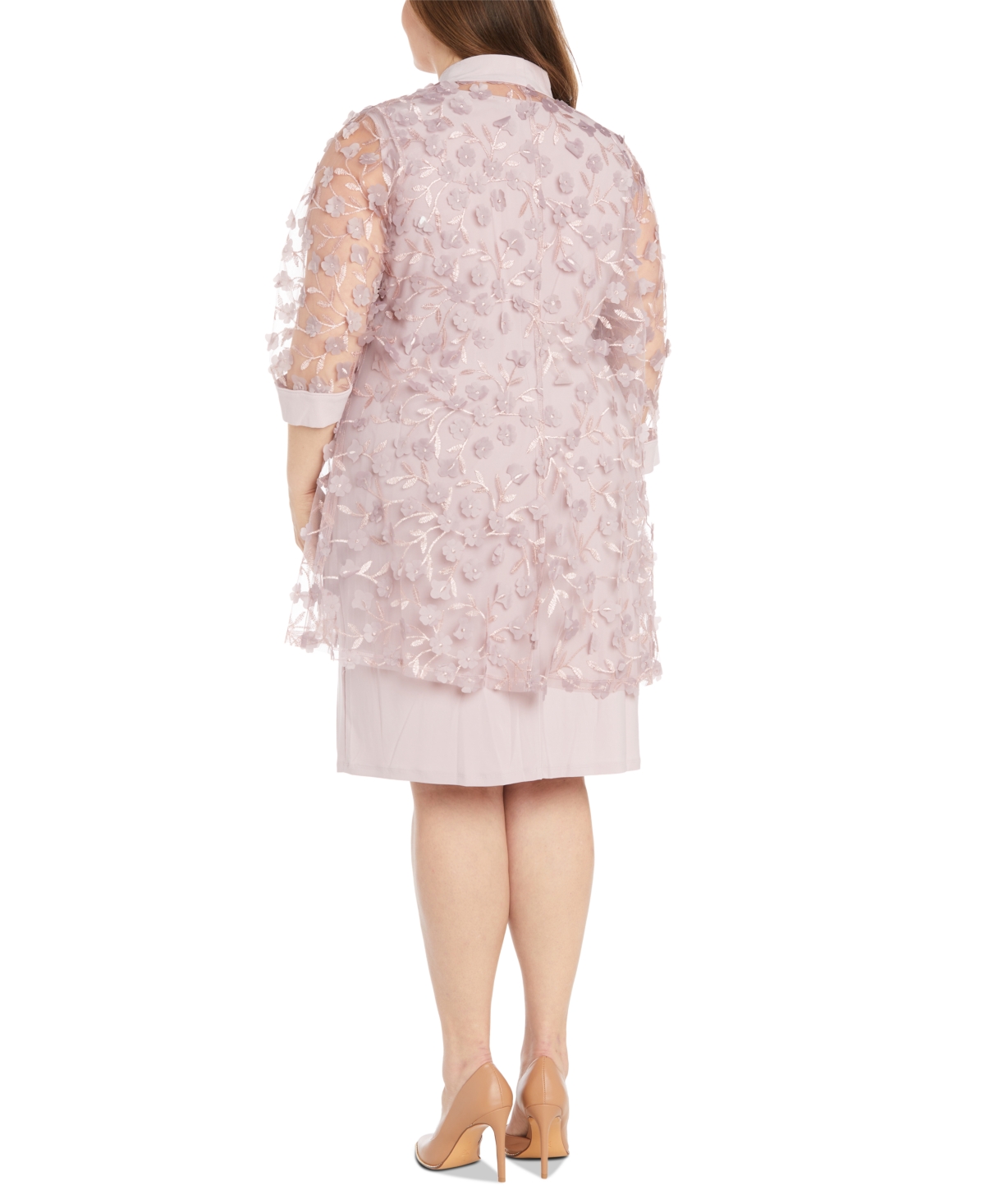 Shop R & M Richards Plus Size 3d Floral Mesh Jacket & Necklace Dress Set In Mauve