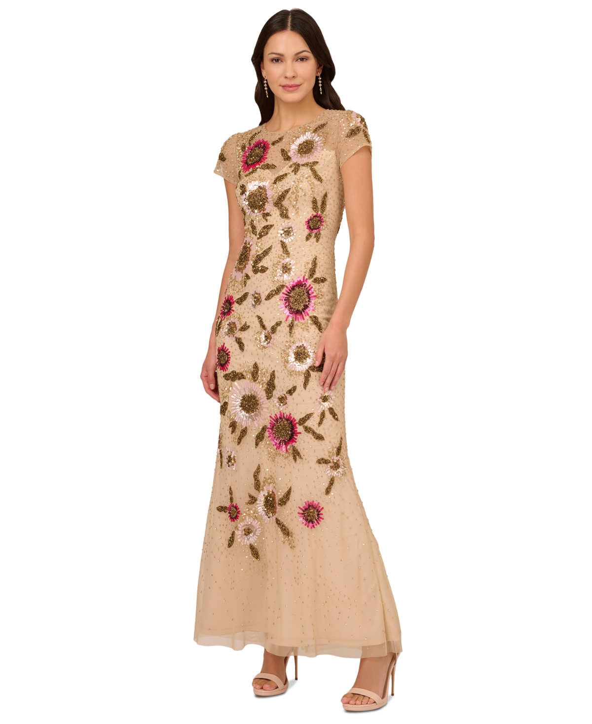 Adrianna Papell Women's Round-neck Embellished Gown In Nude Multi