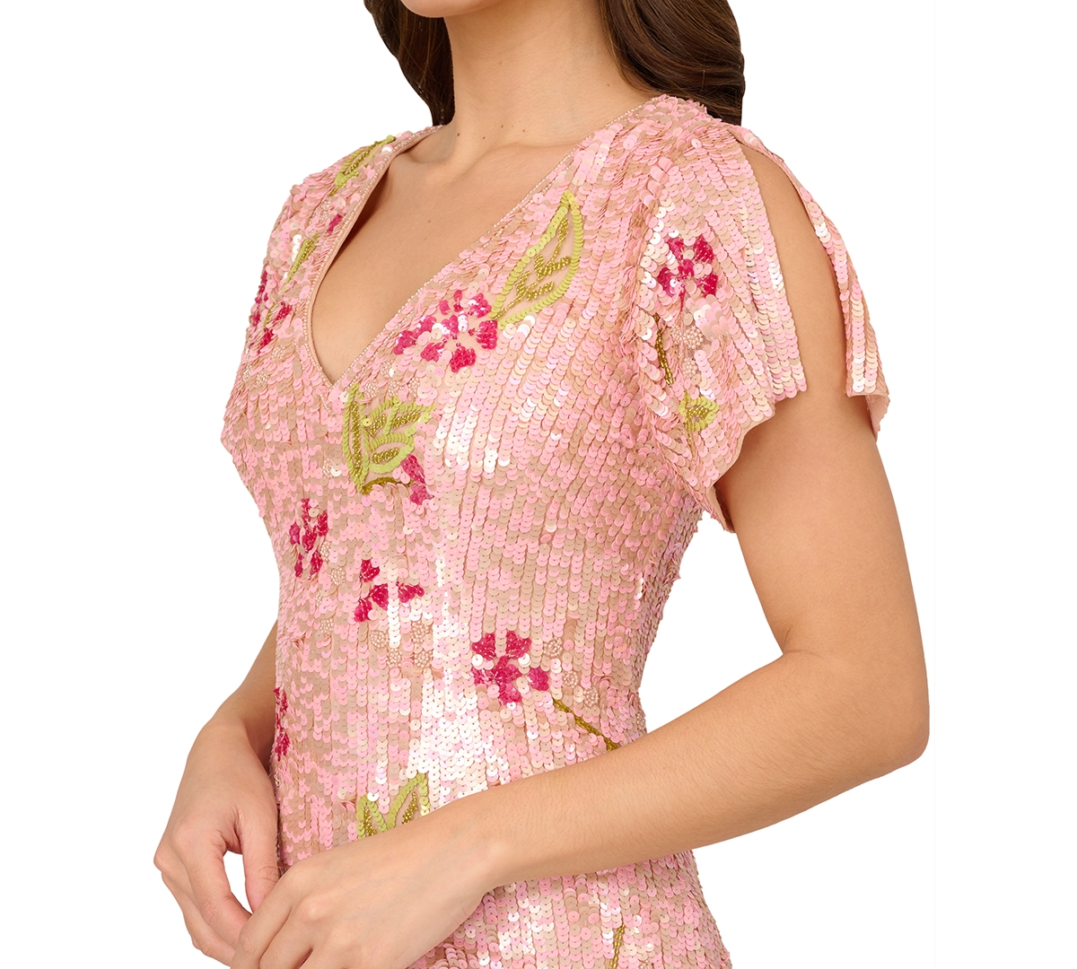 Shop Adrianna Papell Women's V-neck Short-sleeve Beaded Mesh Dress In Blush Mult