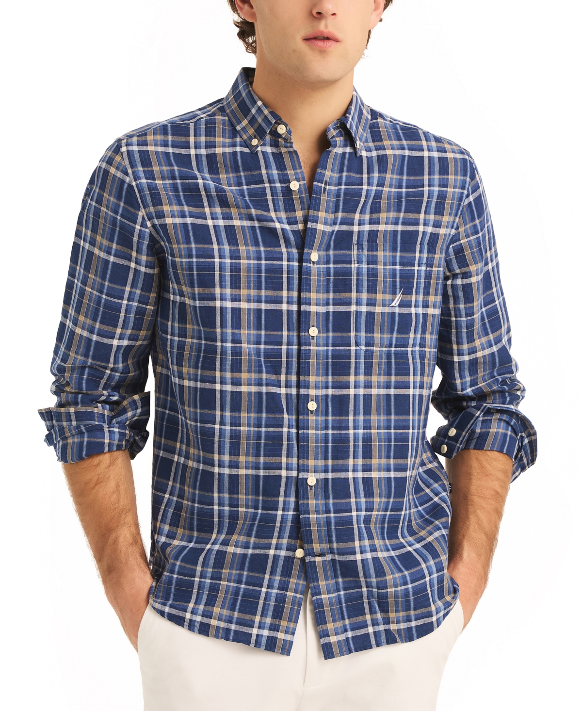 Nautica Men's Classic-fit Linen-blend Plaid Long-sleeve Shirt In Estate Blue